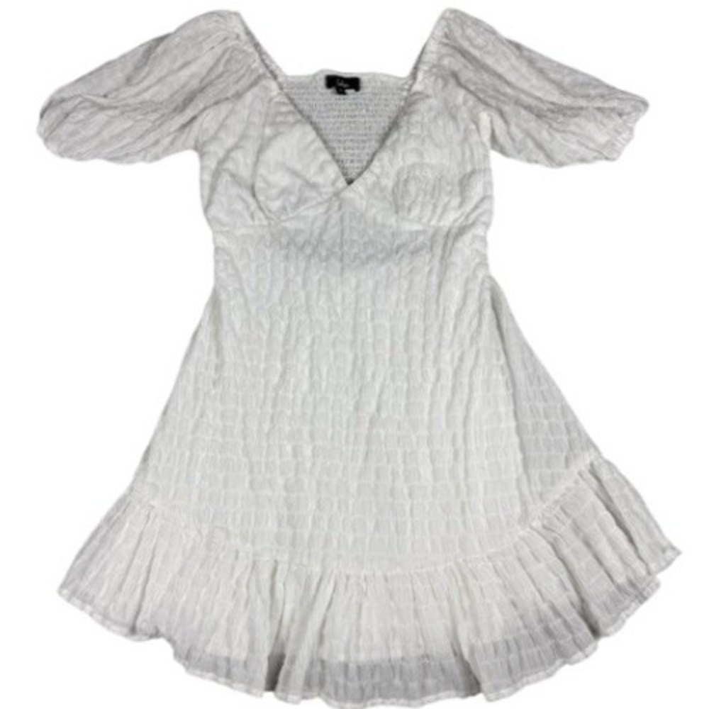 Lulus Mini Dress Womens S White Smocked Puff Sleeve Ruffle Textured V-Neck